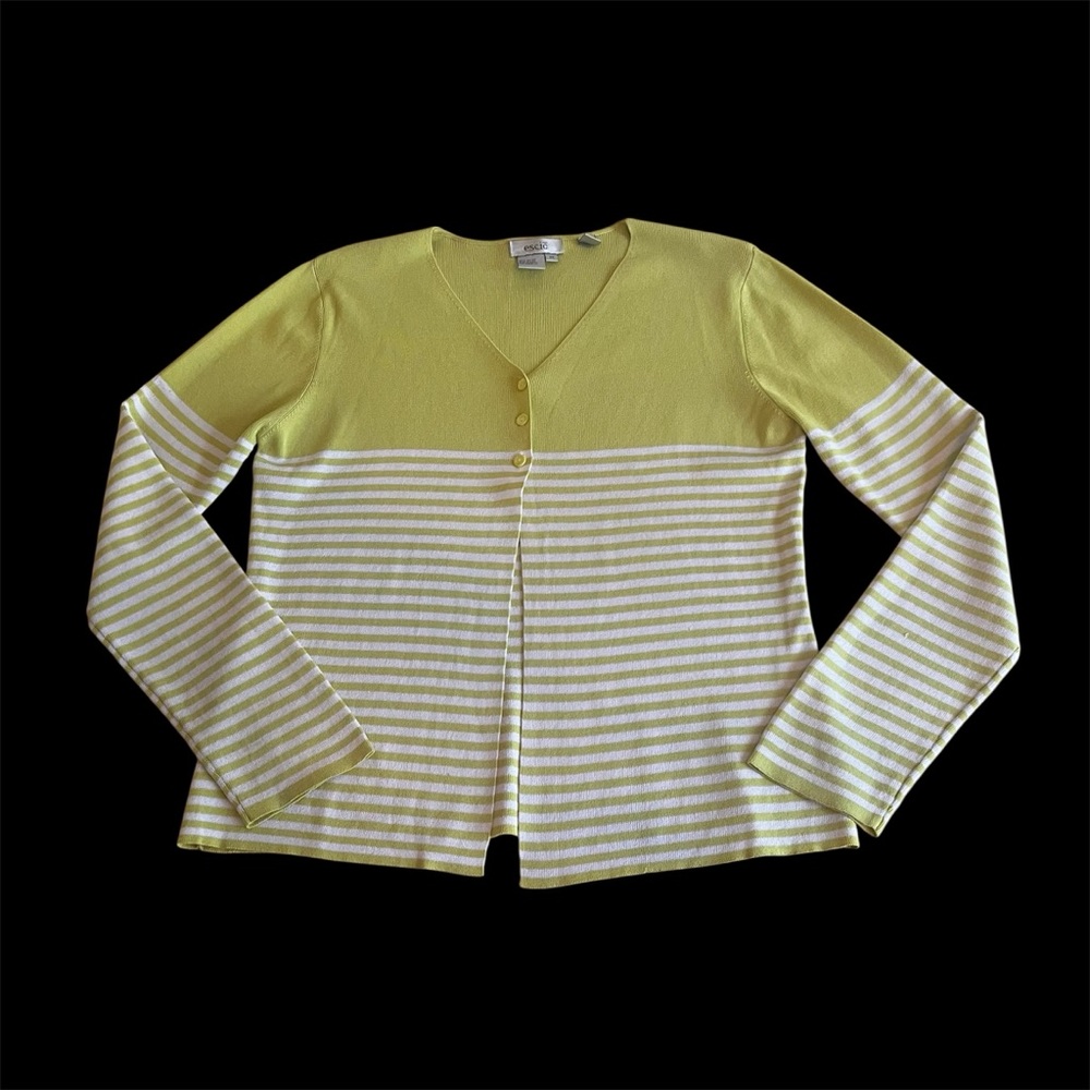 Lime Green Sz 14 Striped Cardigan Lightweight V-Neck Button Front Teacher Preppy